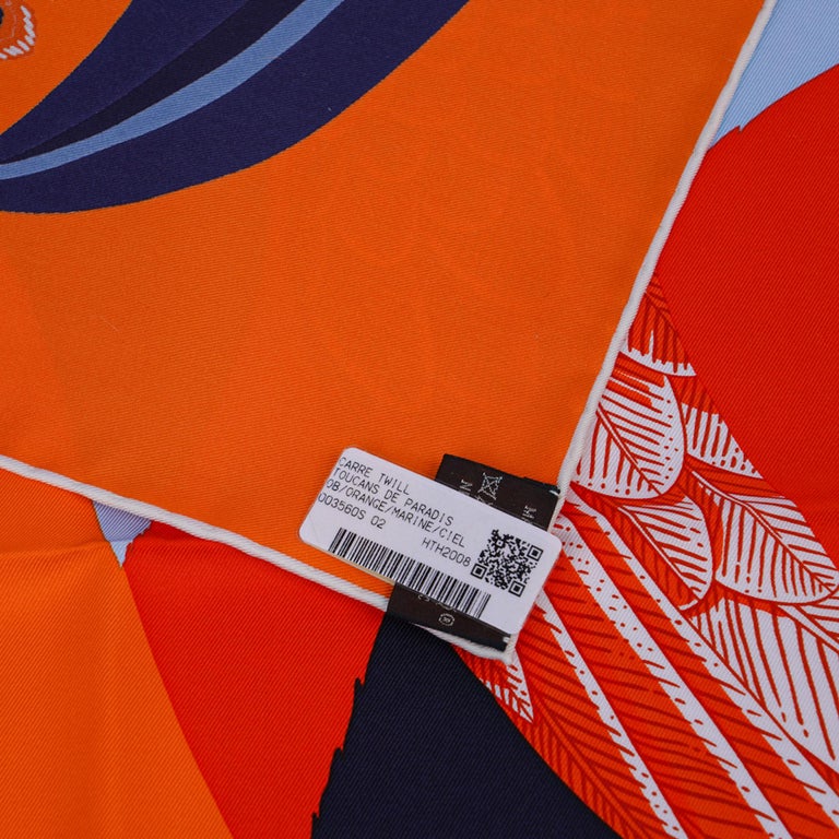 Hermes Scarf Toucans De Paradis 90 Orange / Marine / Ciel Silk Twill 90