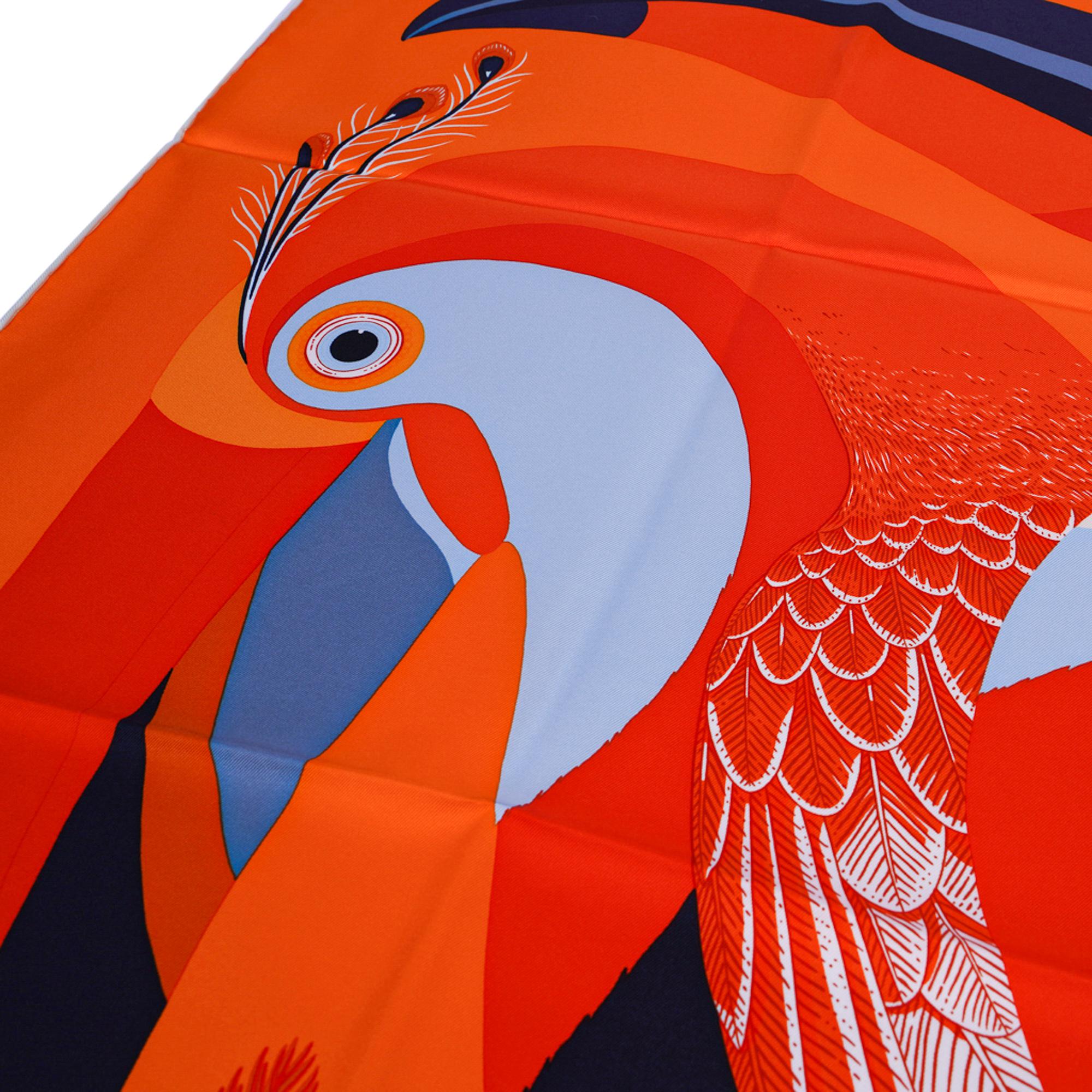Hermes Scarf Toucans De Paradis 90 Orange / Marine / Ciel Silk 