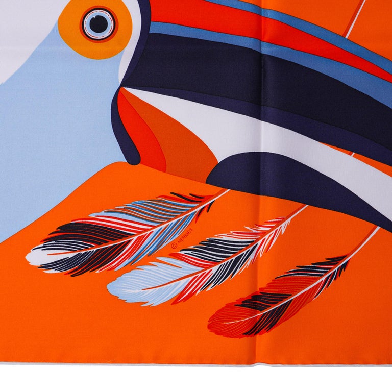 Hermes Scarf Toucans De Paradis 90 Orange / Marine / Ciel Silk Twill 90