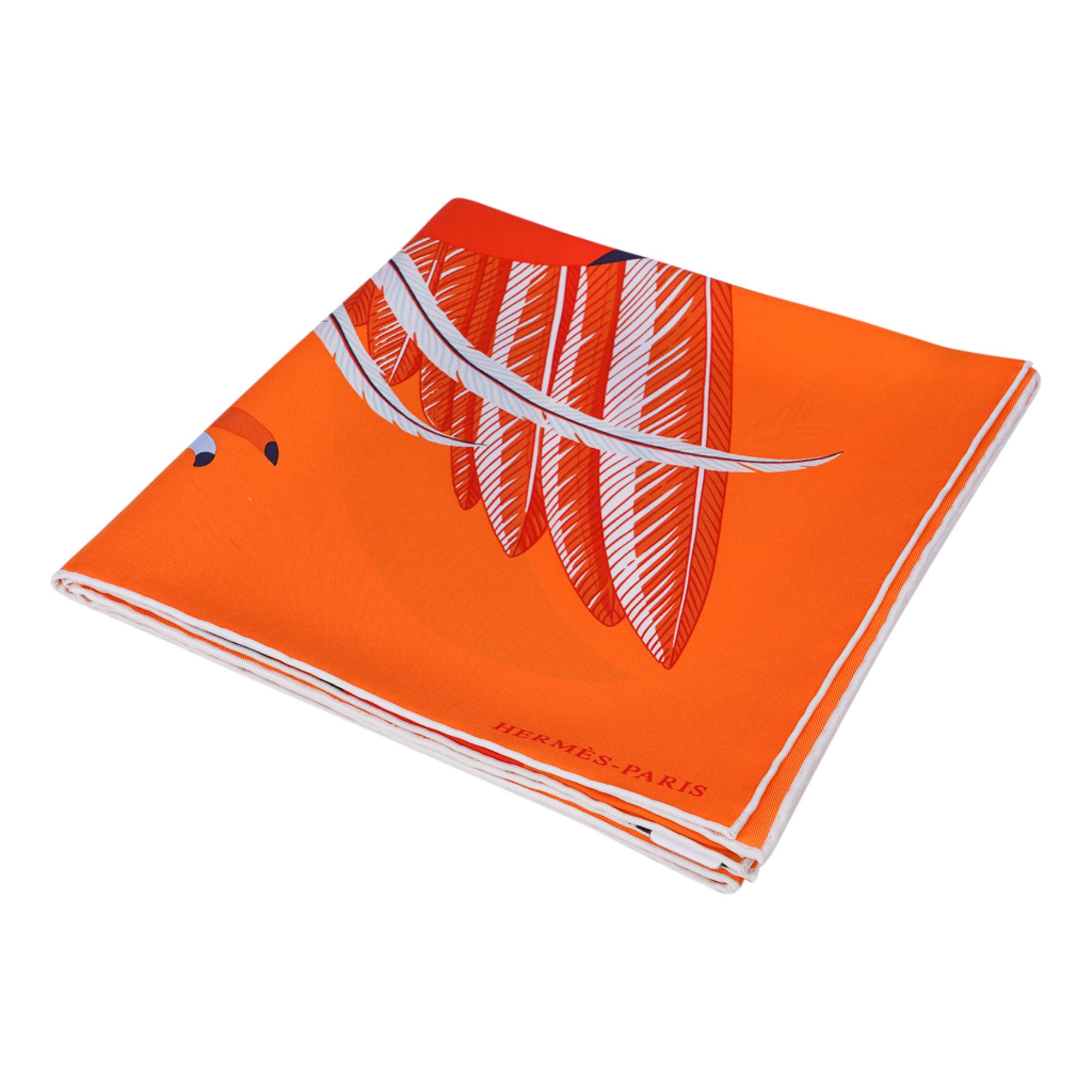 Hermes Schal Toucans De Paradis 90 Orange / Marine / Ciel Seidenköper 90 Neu/Karton 3