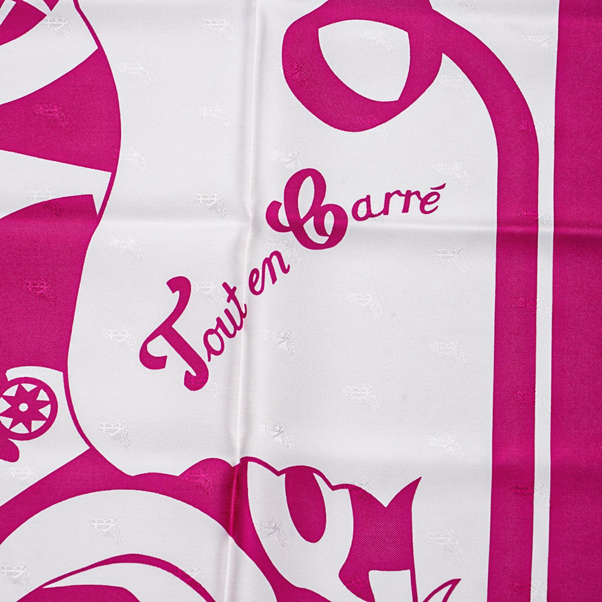 Mightychic offers a guaranteed authentic Hermes Tout en Carre Silk scarf by Bali Barret.
Pink and White colorway.
First issued in 2006, the scarf depicts the deconstructed Ex-Libris symbol for the House of Hermes.
Hints of past carres are in the