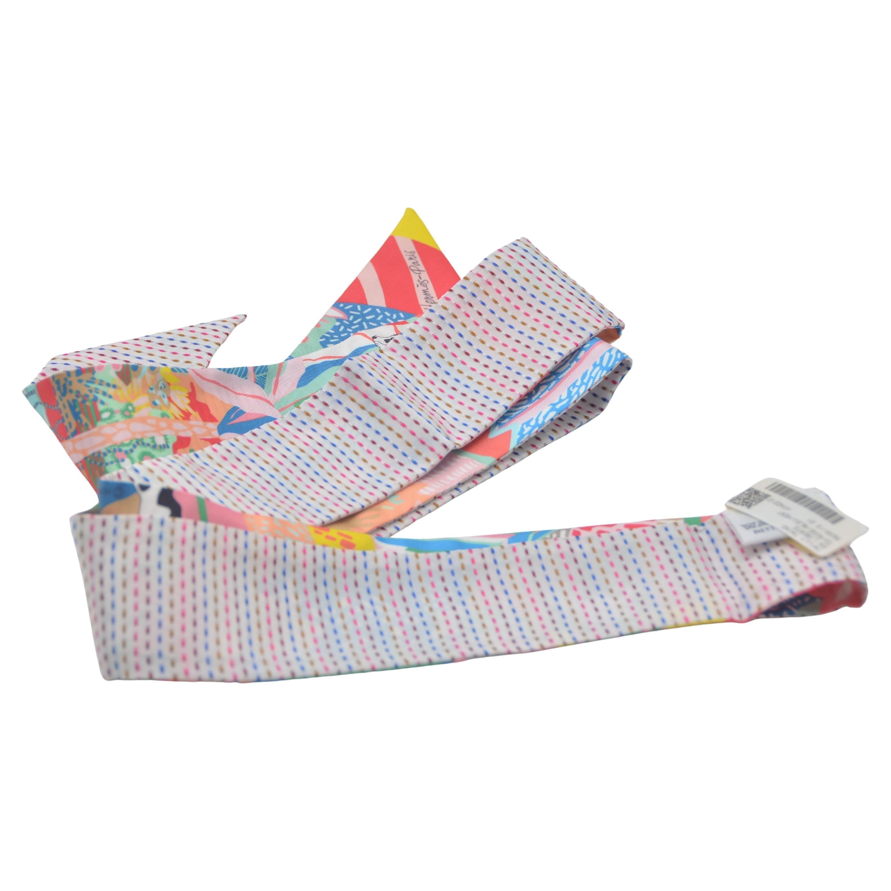 Beige Hermes Scarf Twillie  5 x 165 cm Pointille Liberte  Rose/Bleu NEW For Sale