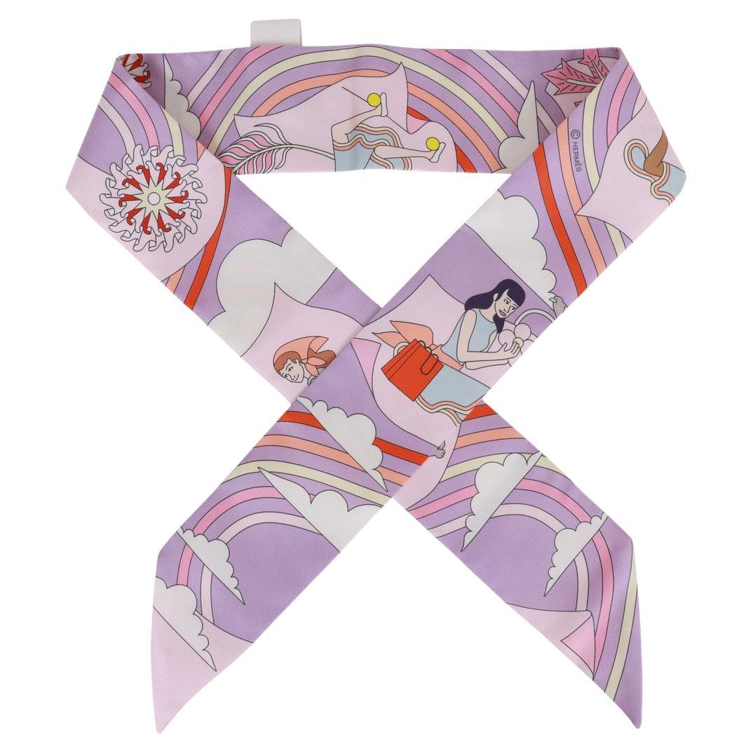 HERMES Scarf Twilly CARRES VOLANTS Lila Rose Pale Flying Carre Silk 