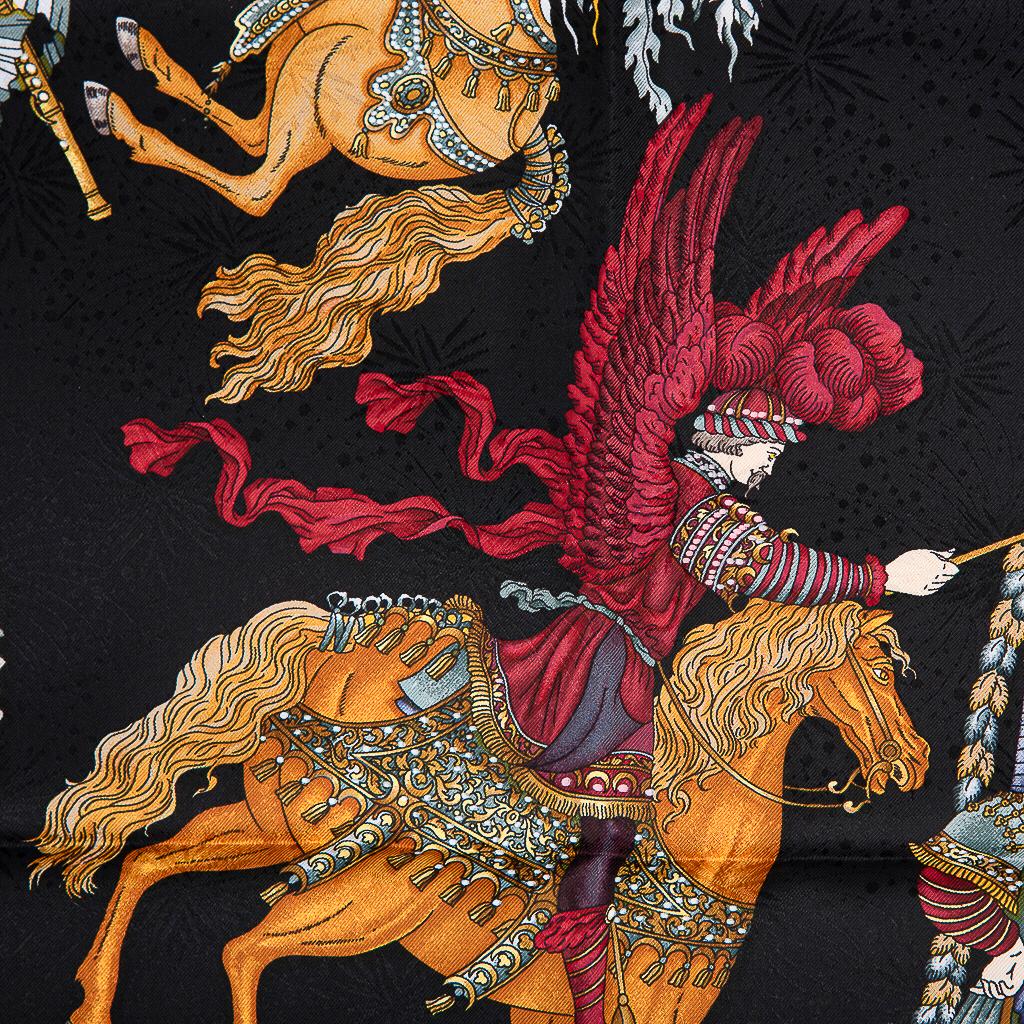 Guaranteed authentic Guaranteed authentic Hermes Vintage Silk Les Fetes du Roi Soleil scarf. 
The Celebrations of the Sun King Louis XIV first issued in 1994 / 1995 and reissued in 1997.
The jacquard silk highlights the elaborate costumes and