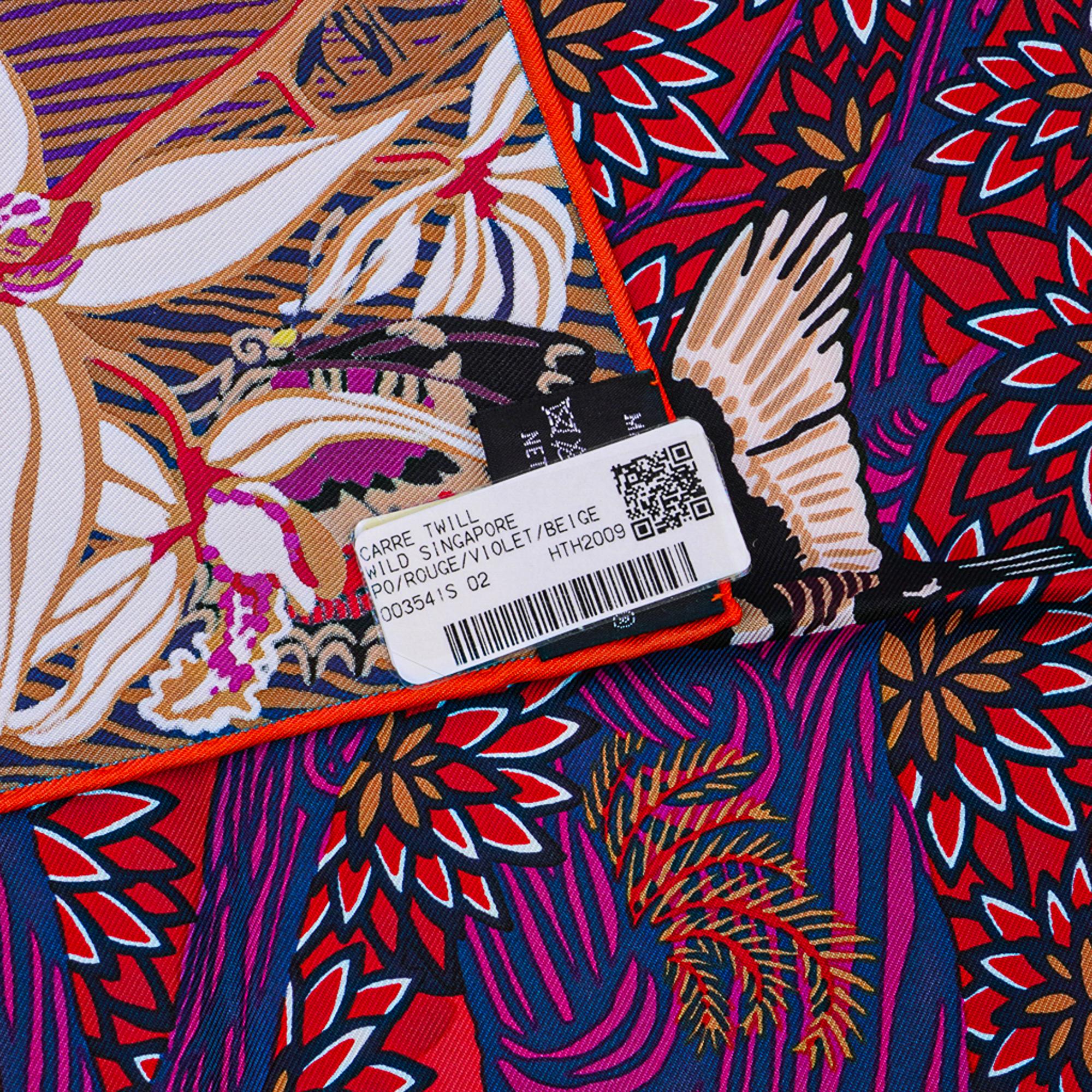 Hermes Scarf Wild Singapore Rouge / Violet / Beige 90 New w/Box 5