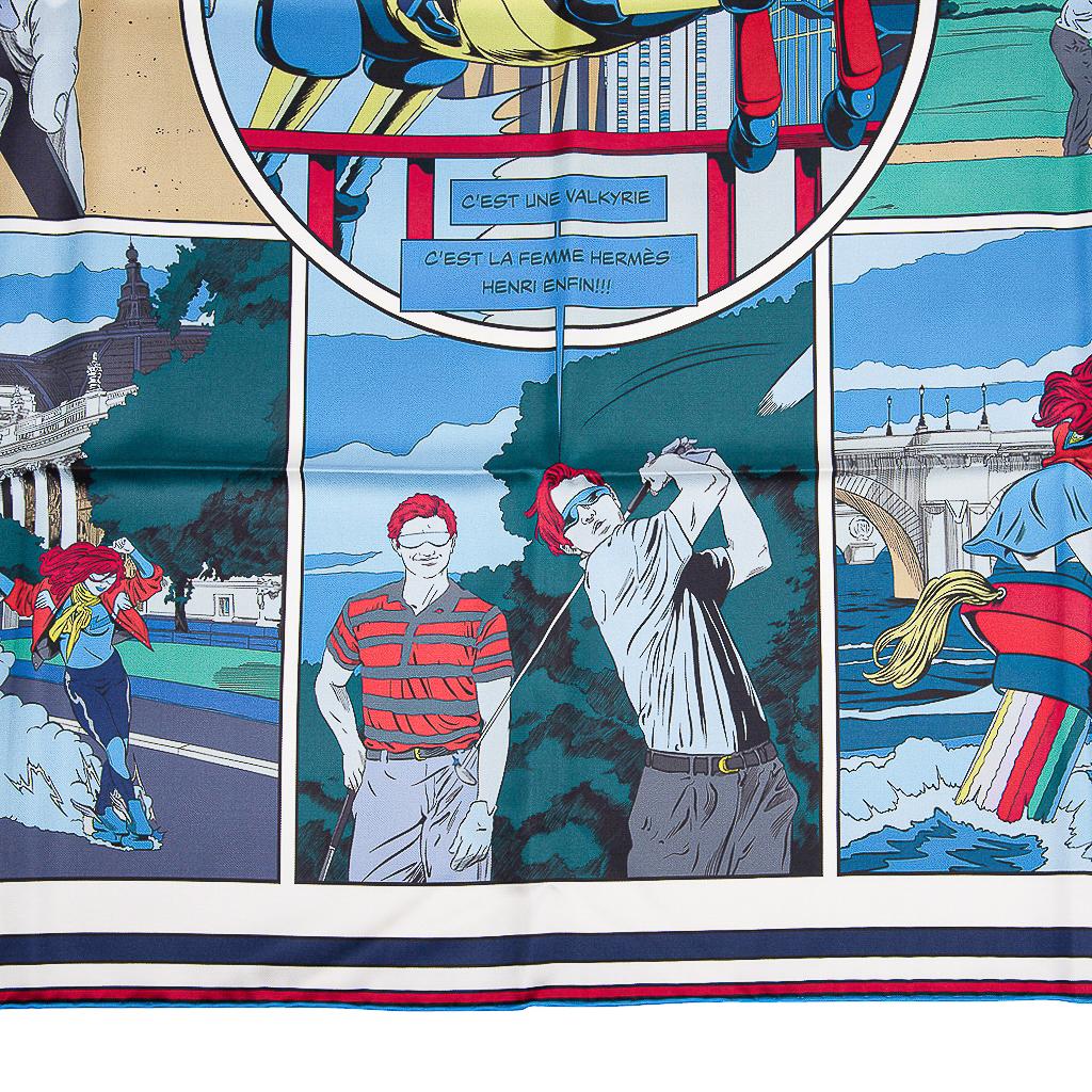 Hermes Scarf Wow Double Face Silk Twill Bleu / Vert / Bleu Dur 90 New w/Box 3