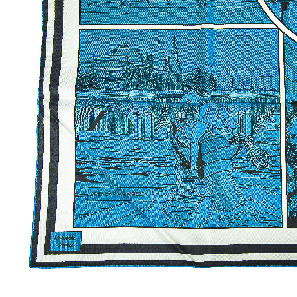 Hermes Scarf Wow Double Face Silk Twill Bleu / Vert / Bleu Dur 90 New w/Box For Sale 7