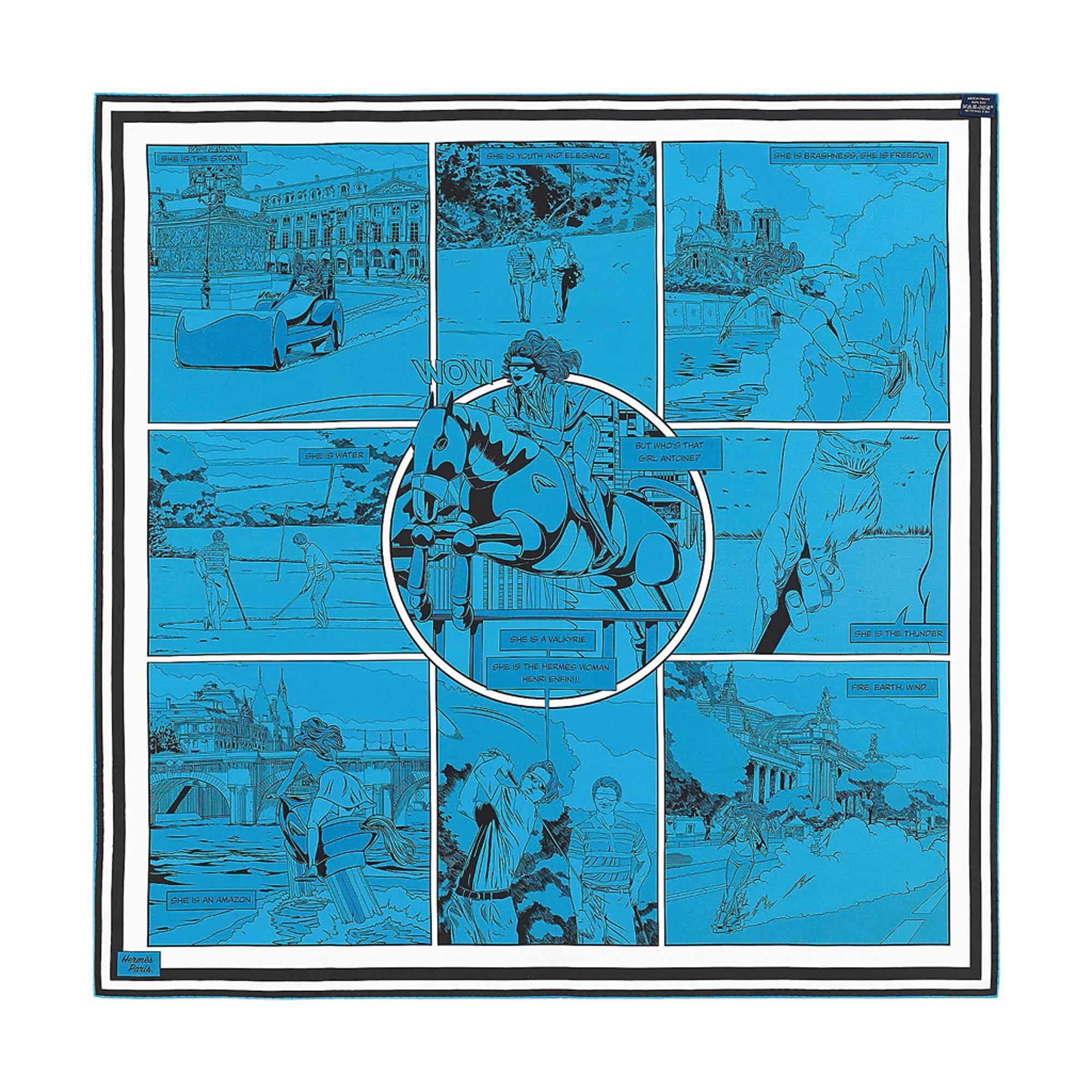 Mightychic offers an Hermes Wow Double Face Silk Twill scarf by Ugo Bienvenu.  
Featured in Bleu, Vert and Bleu Dur, the scarf depicts comic strip style characters.
The colorful side has dialog expressed in French and the monochromatic blue side has