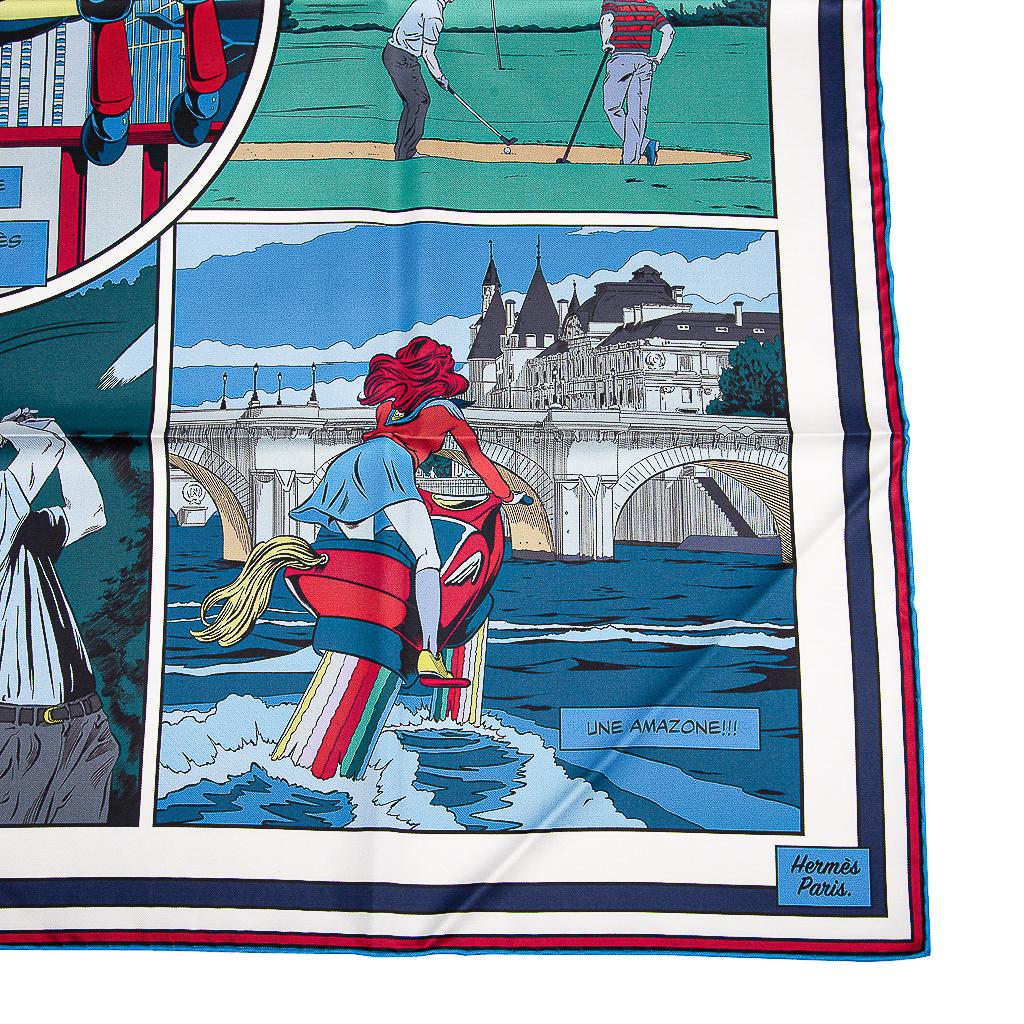 Women's Hermes Scarf Wow Double Face Silk Twill Bleu / Vert / Bleu Dur 90 New w/Box