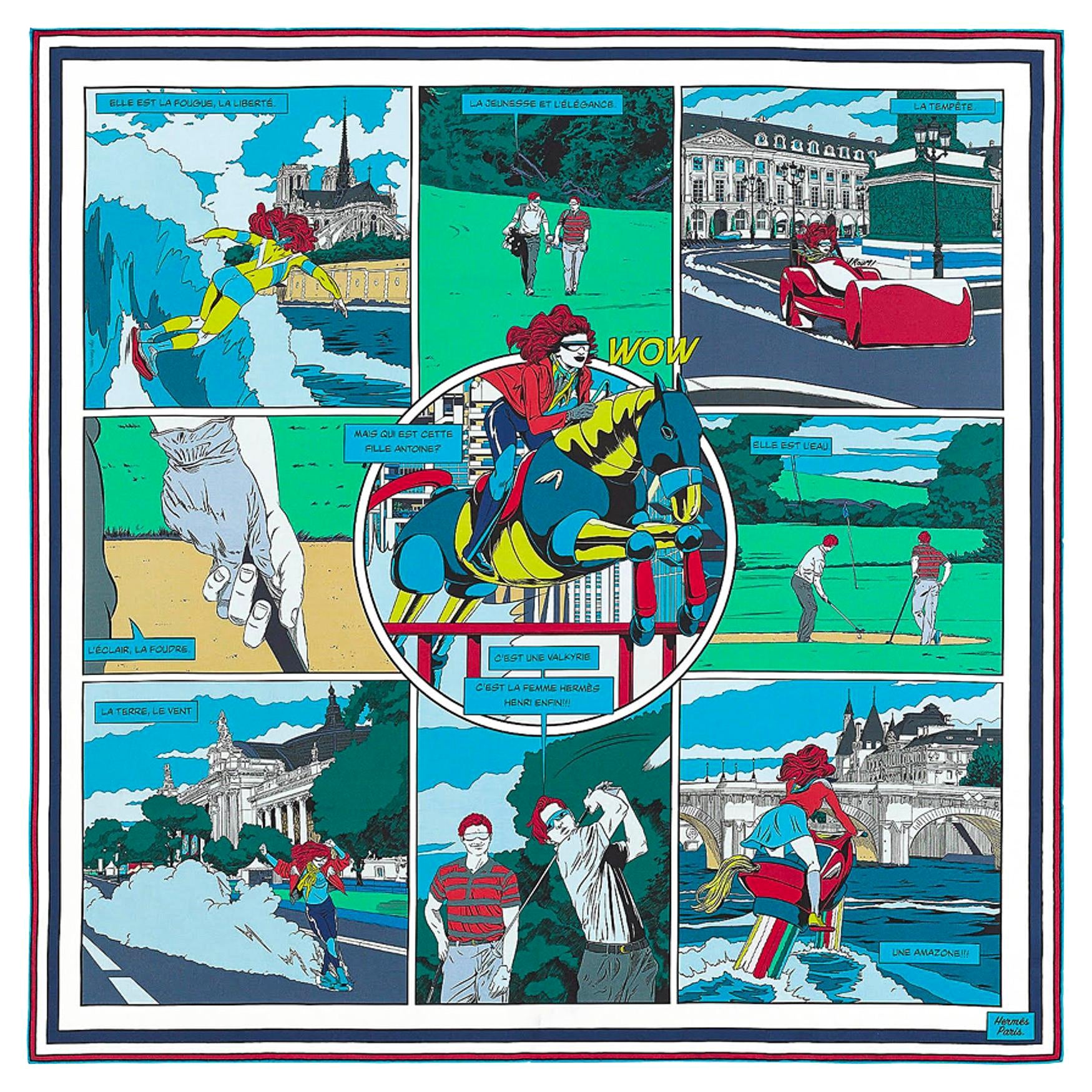 Hermes Scarf Wow Double Face Silk Twill Bleu / Vert / Bleu Dur 90 New w/Box