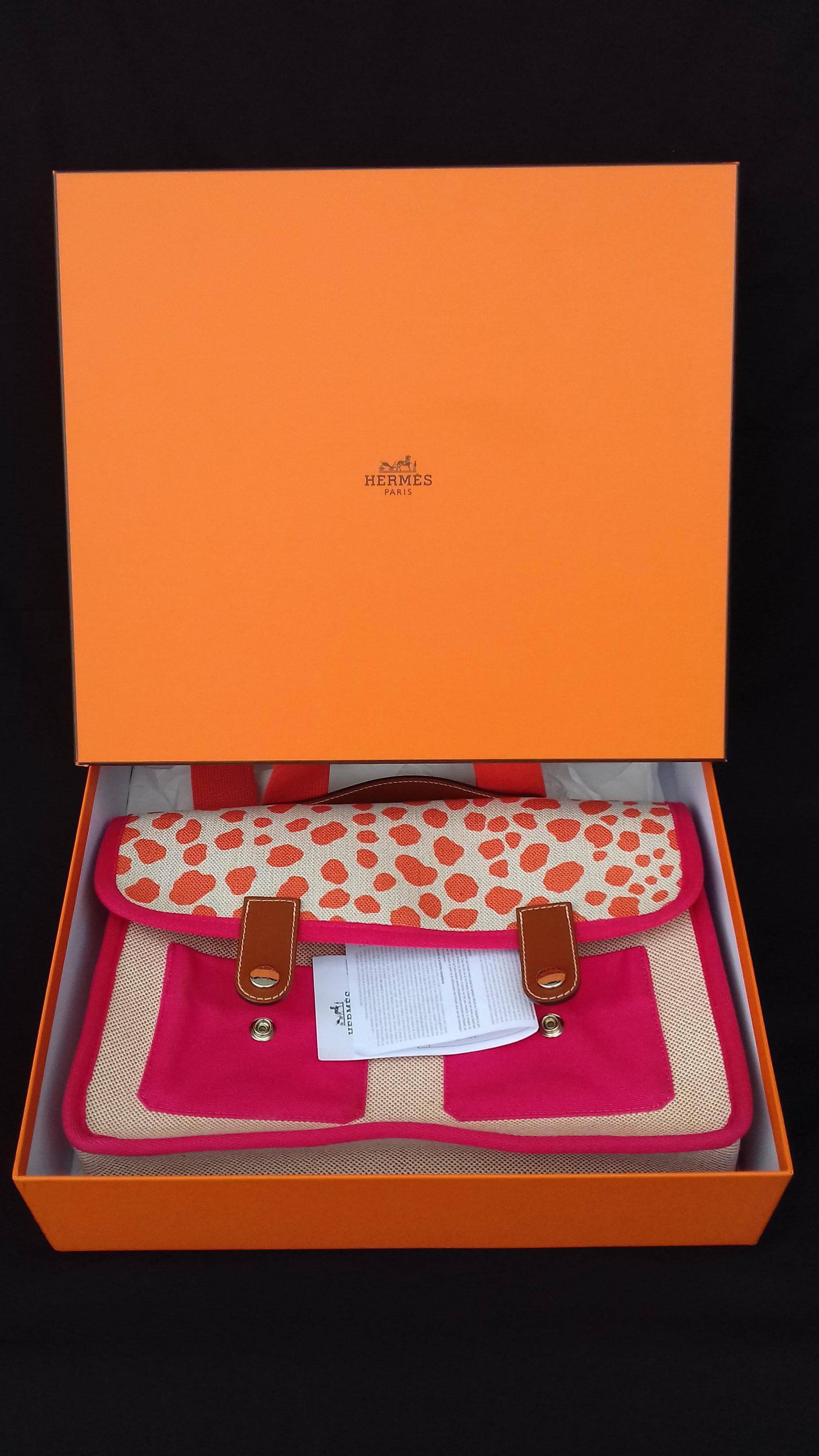 Hermès School Bag Cartable Toile Jeux dans la Jungle Pink Tangerine 3 ways  14