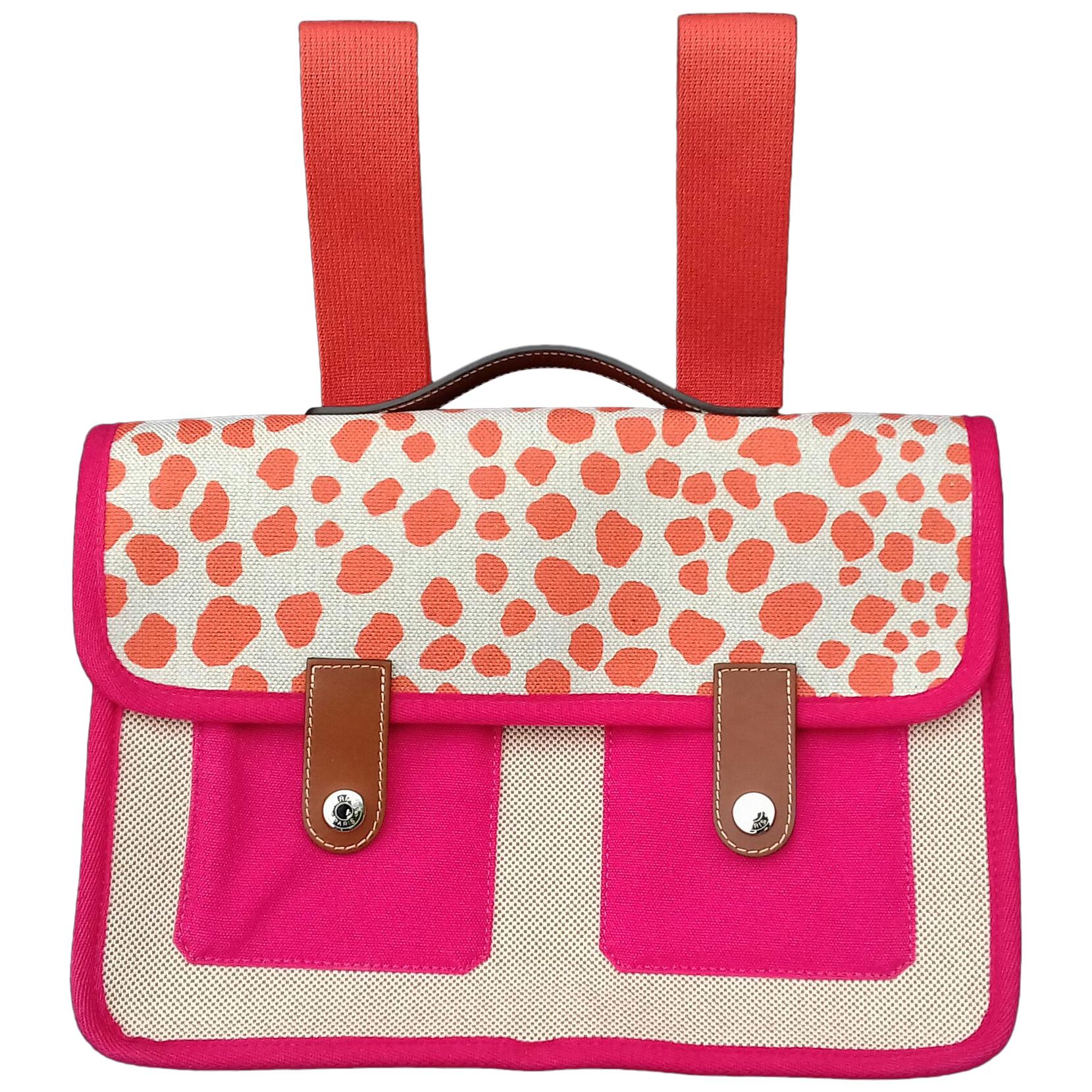 Hermès School Bag Cartable Toile Jeux dans la Jungle Pink Tangerine 3 ways 