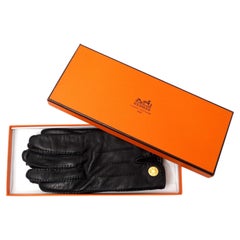 Hermes Sellier Black Lambskin Leather With Gold-Tone Button Gloves
