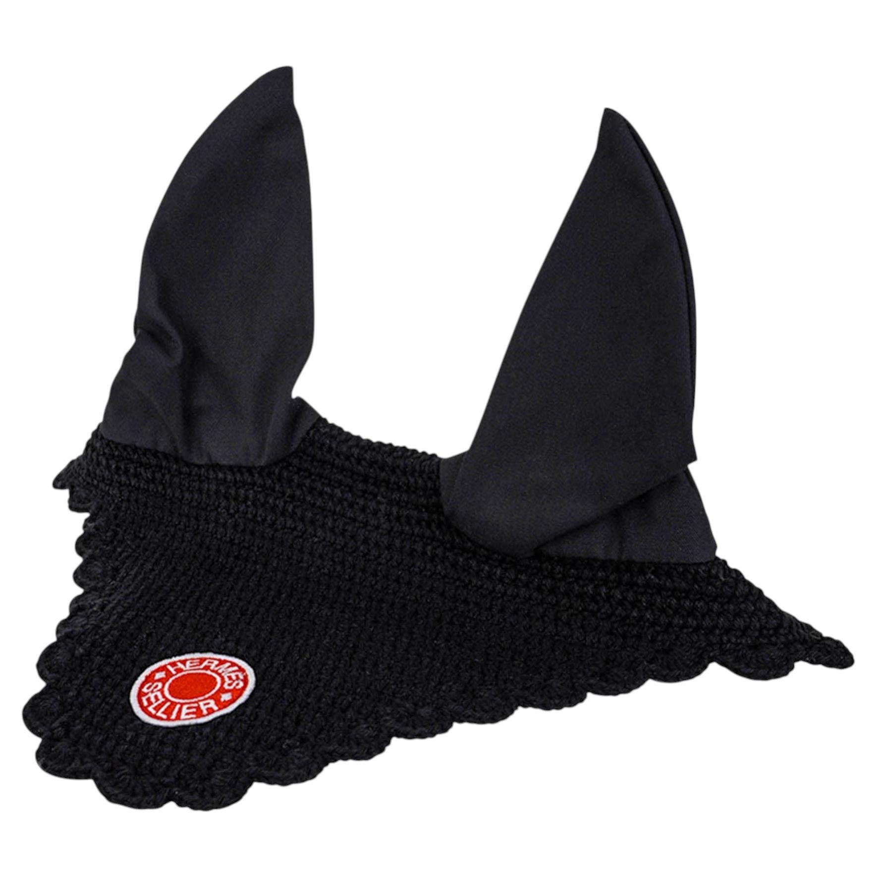 Hermès Sellier Fly Bonnet Noir Coton Crocheté Taille Cheval en vente