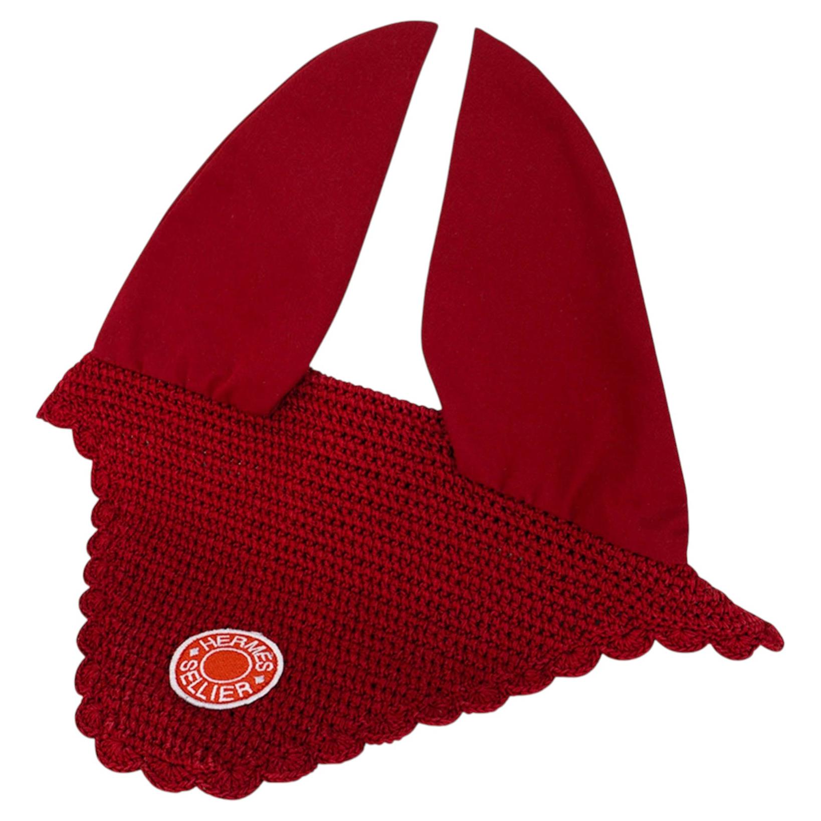 Hermès Sellier Fliegenhaube Rouge gehäkelt Baumwolle Pferd Größe im Angebot