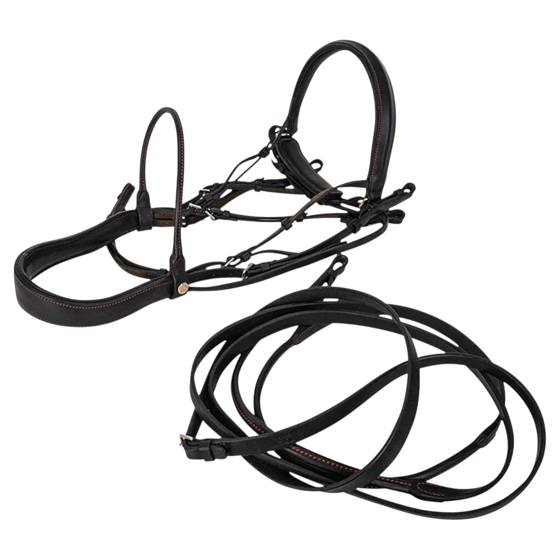 Hermès Sellier Limited Edition Jumping Bridle Black Leather Red Stitch Reins For Sale