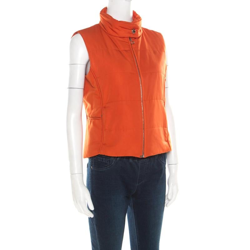 Red Hermes Sellier Orange Quilted Zip Front Vest M