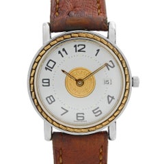 Hermes Sellier Stainless Steel Gold White Dial Brown Quartz Watch SE4.210