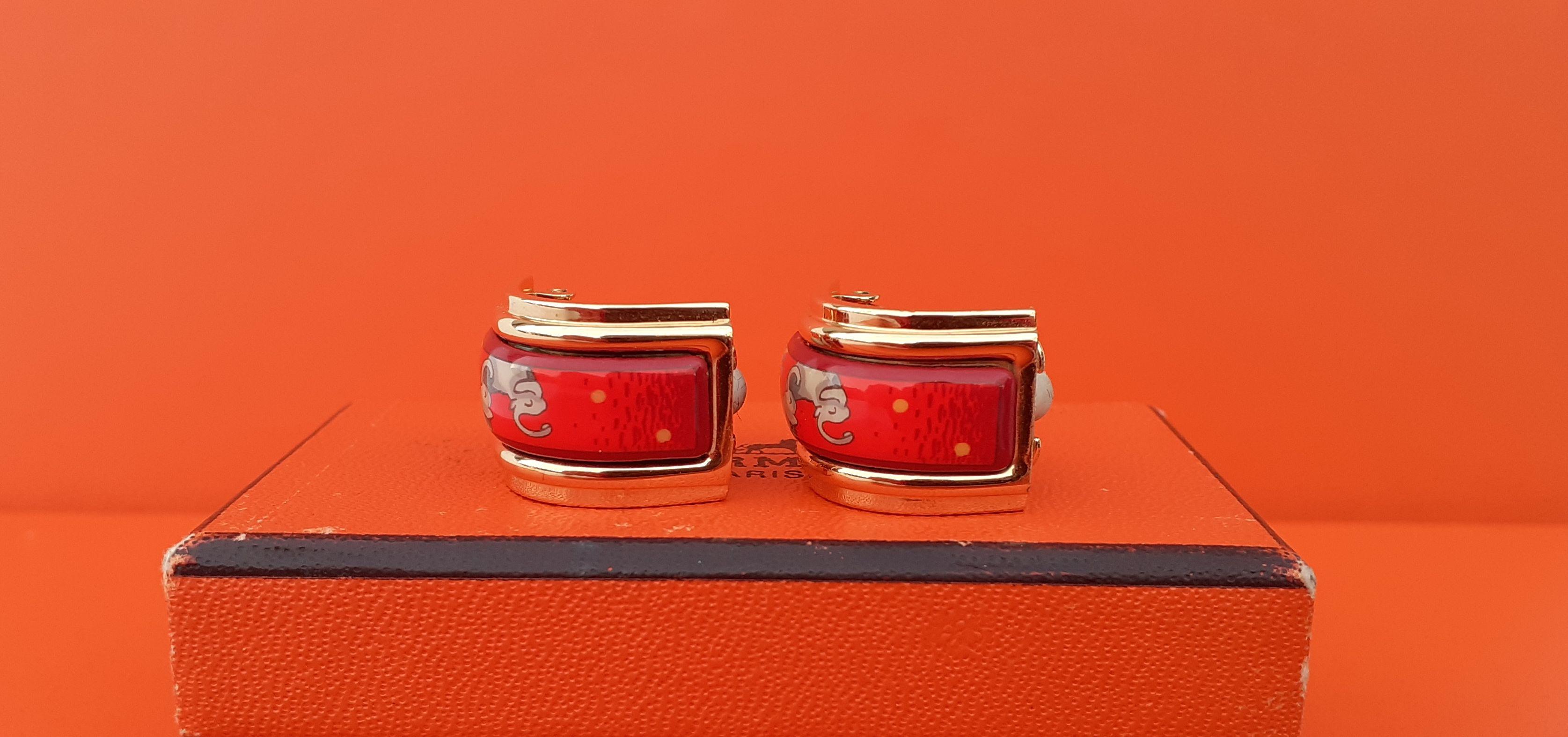 Hermès Set 2 Pulseras 2 Pendientes Esmalte Elefantes Pastando Rojo Oro 70 en venta 11