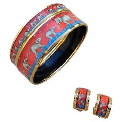 Hermès Set 2 Bracelets 2 Earrings Enamel Elephants Grazing Red Gold 70