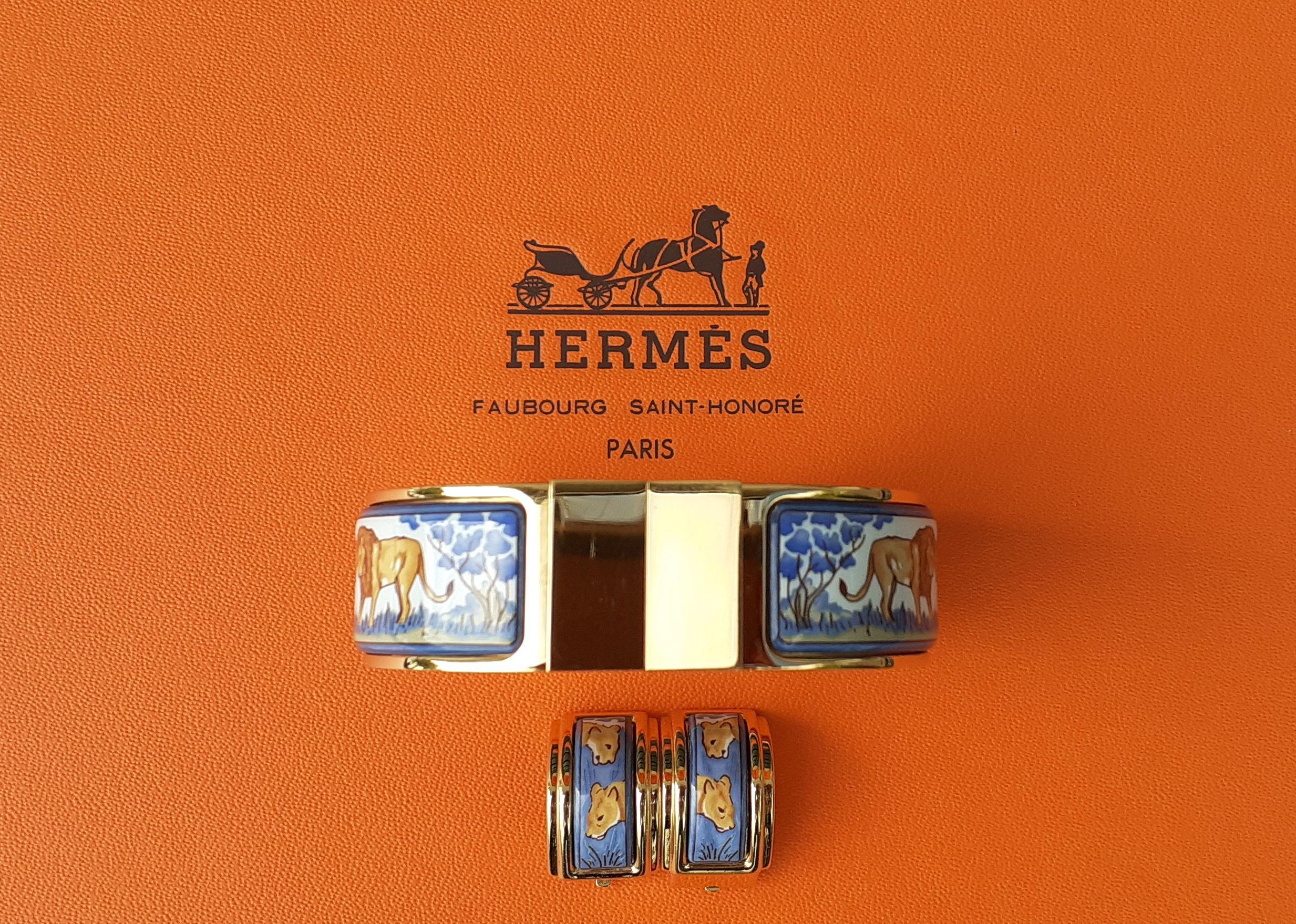 Hermès Set Clic Clac Bracelet et boucles d'oreilles assorties Lions et Lionnes Bleu Ghw en vente 15