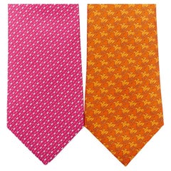 HERMES Set of 2 100% silk pink geometric orange horse rider pattern dress tie