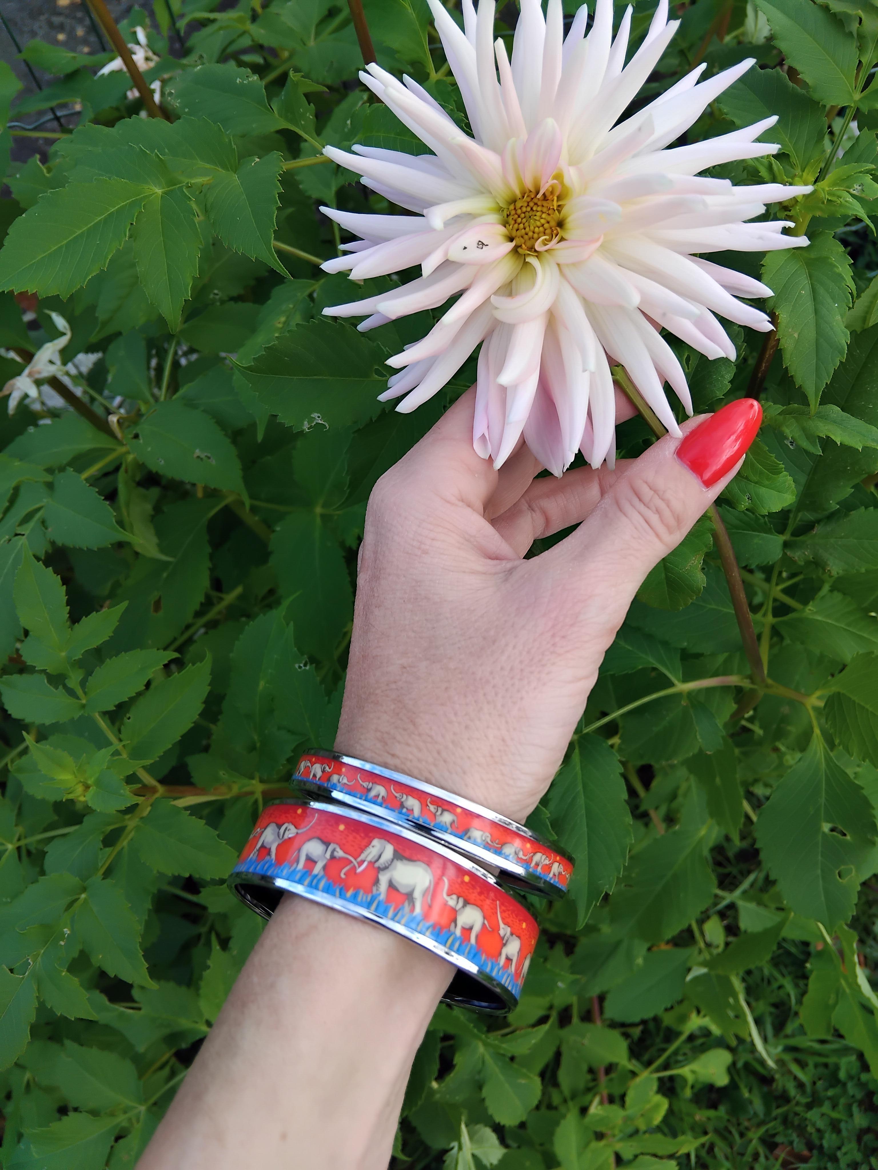 Rare and Lovely Authentic Hermès Set of 2 Bracelets

Print: Elephants Grazing

Theme: Africa, Savannah, Wild Animals

Made in Austria + I (2005)

Made of enamel printed and palladium plated hardware (silver-tone)

Colorways: Red, Blue, Grey,