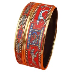 Retro Hermès Set of 2 Bracelets Greyhound Dog Levriers Pattern Red Gold Hdw Size 70 GM