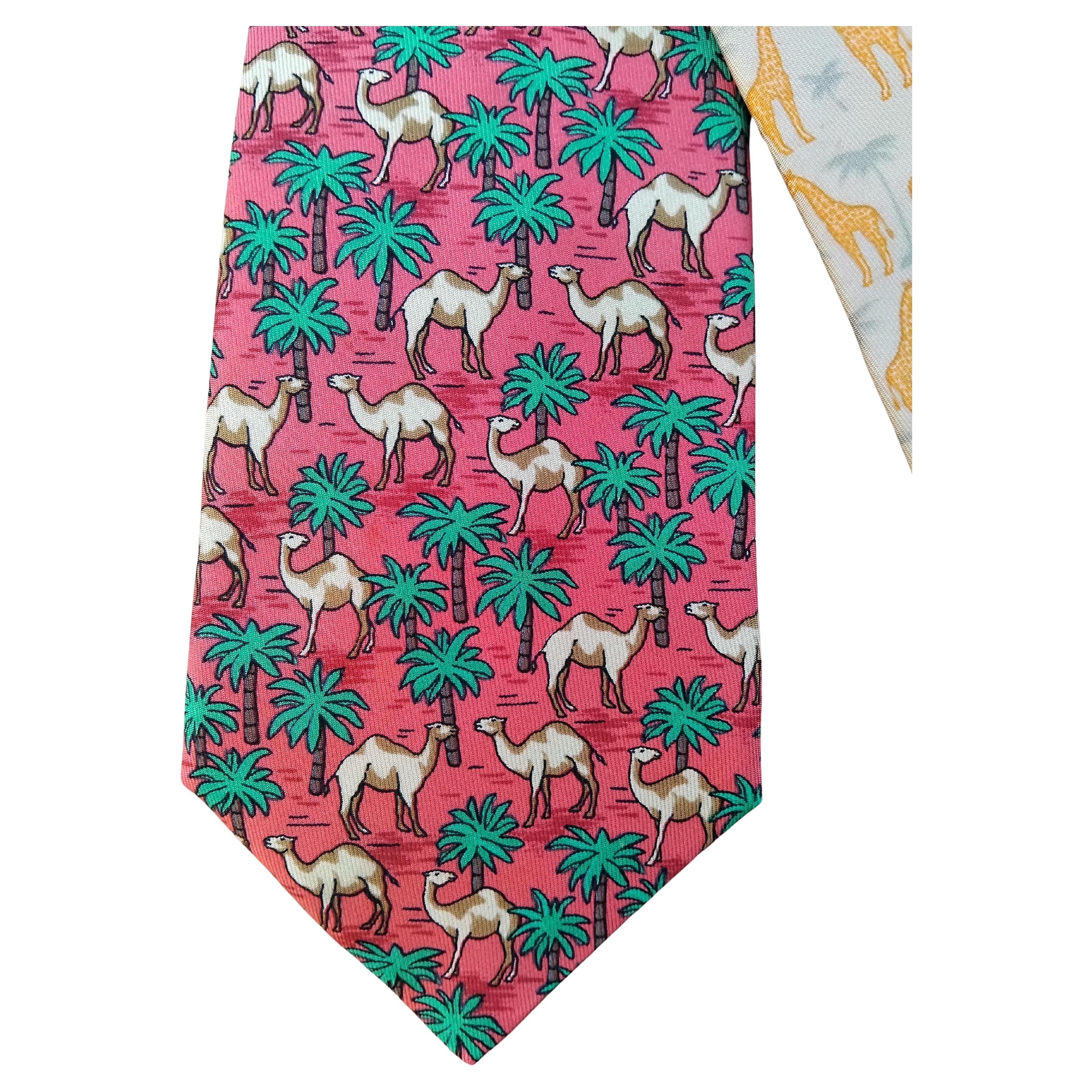 Beige Hermès Set of 2 Giraffes and Camels Prints Silk Ties Africa Wild Animals For Sale