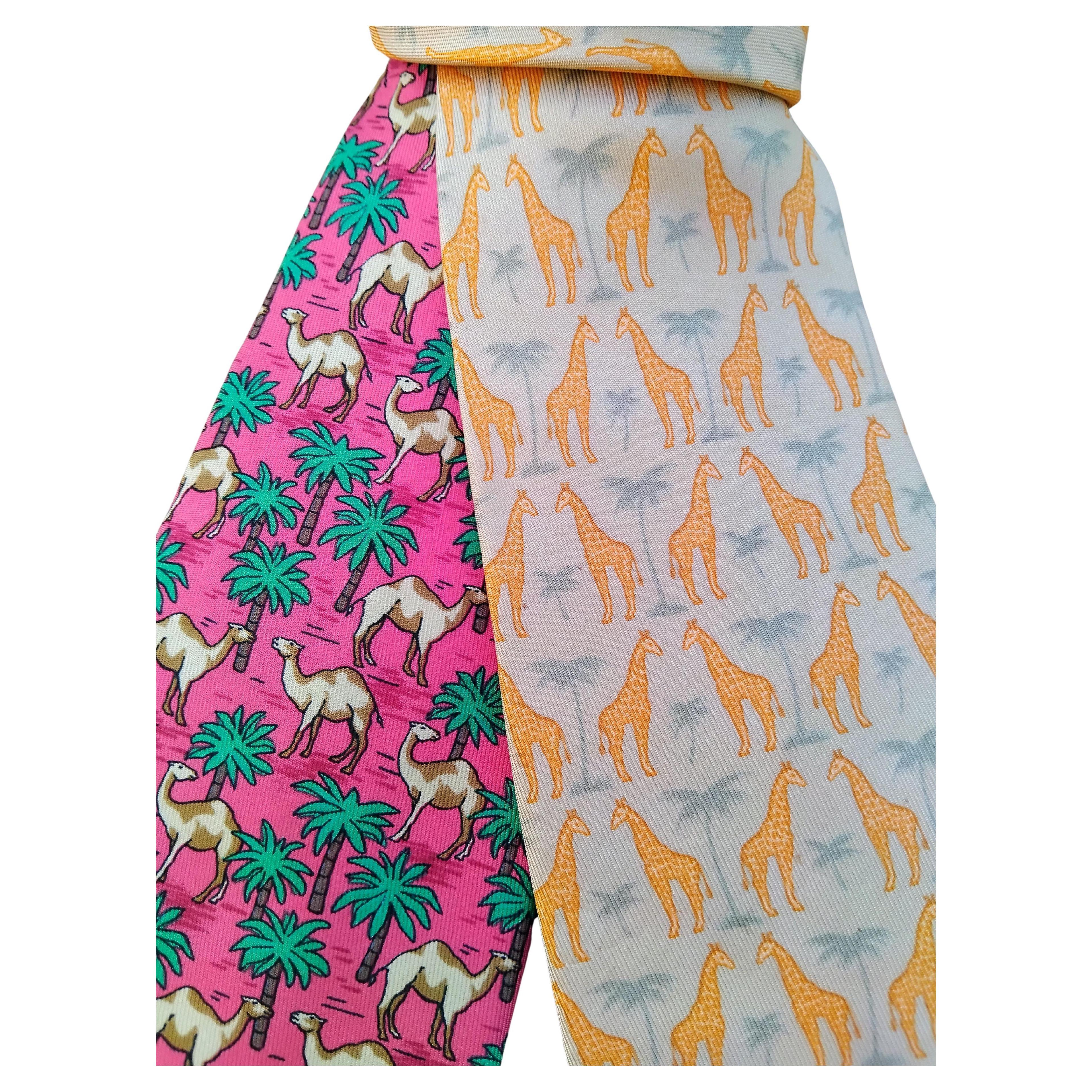 Men's Hermès Set of 2 Giraffes and Camels Prints Silk Ties Africa Wild Animals For Sale