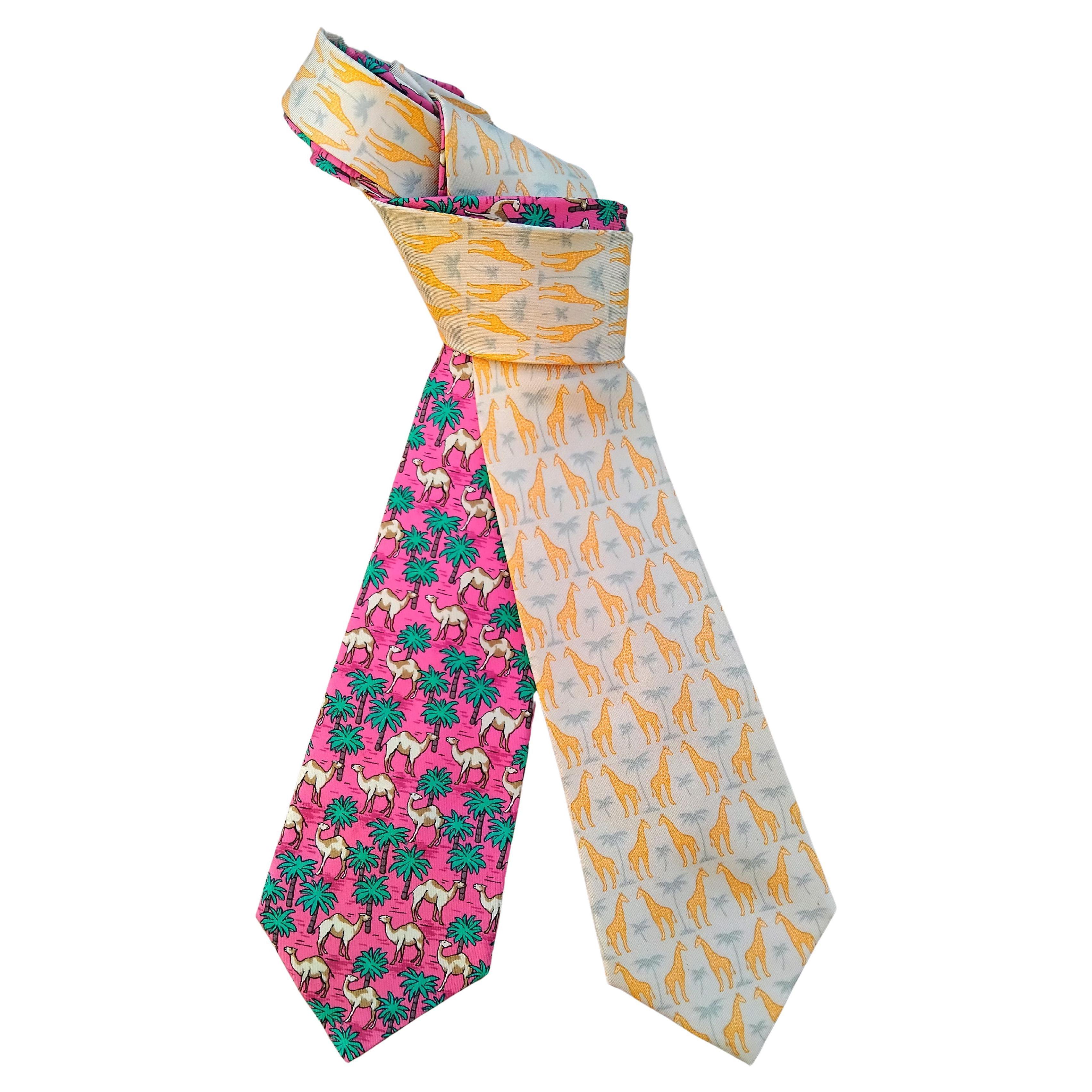 Hermès Set of 2 Giraffes and Camels Prints Silk Ties Africa Wild Animals