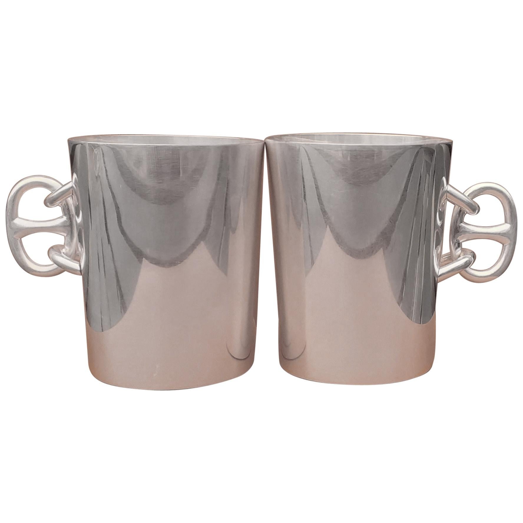 Hermès Set of 2 Silver-Tone Metal Cups Coffee Mugs Chaine d'Ancre Pattern RARE