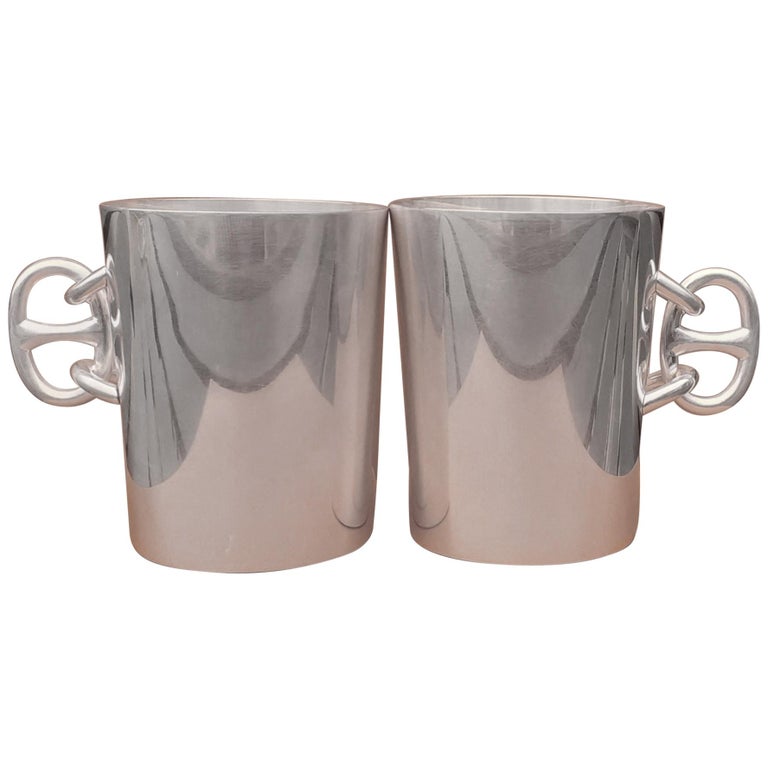 Hermès Set of 2 Silver-Tone Metal Cups Coffee Mugs Chaine d'Ancre Pattern RARE For Sale