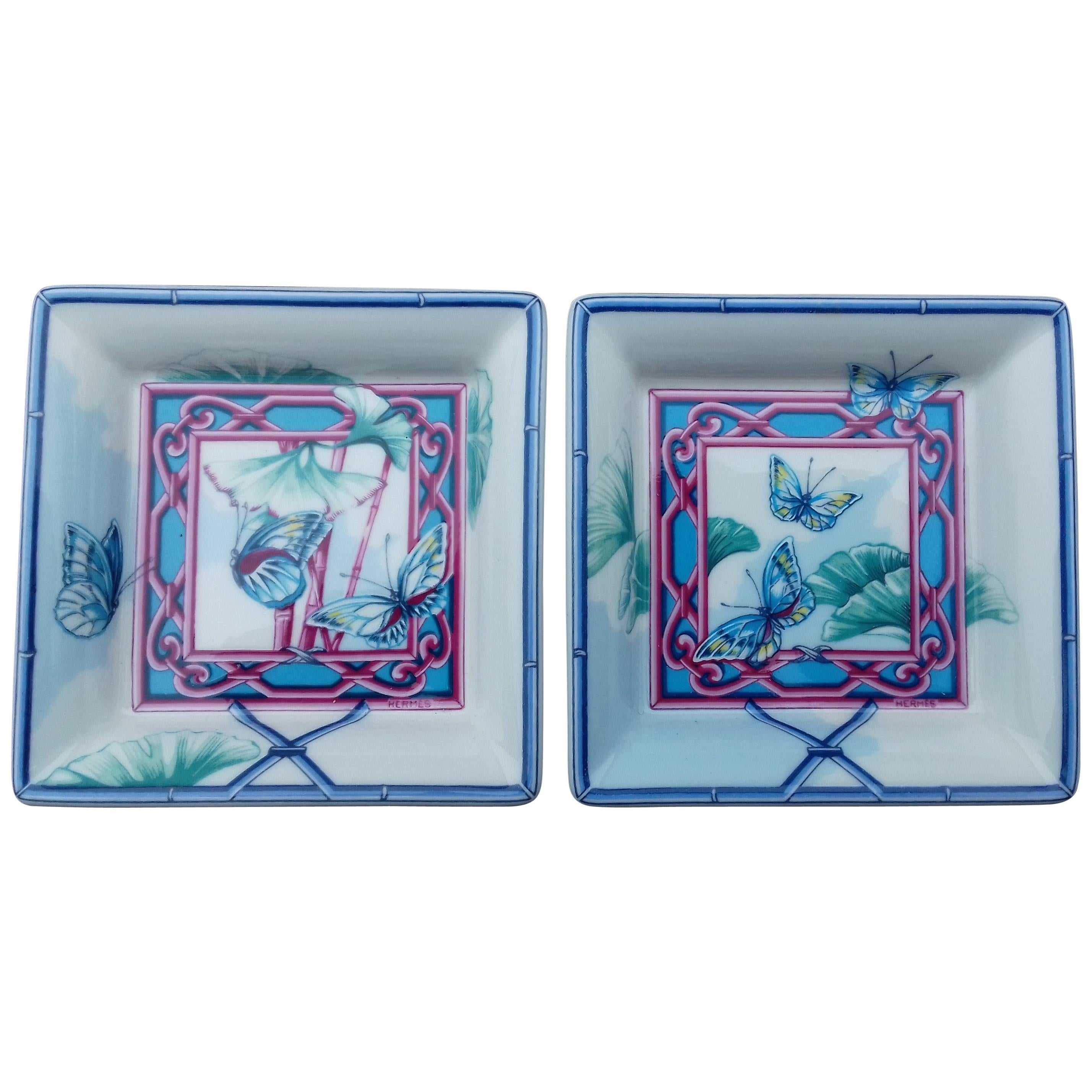 Hermès Set of 2 small Change Tray Ramekins Porcelain Butterflies Garden Rare