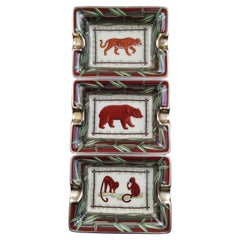Hermès Set of 3 Small Ashtrays Wild Animals Africa Print Porcelain Gold