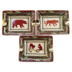 Hermès Set of 3 Small Ashtrays Wild Animals Africa Print Porcelain Gold