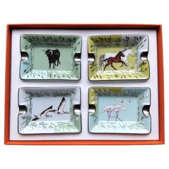 Hermès Set of 4 Mini Ashtrays Bull Horses Birds Porcelain Texas