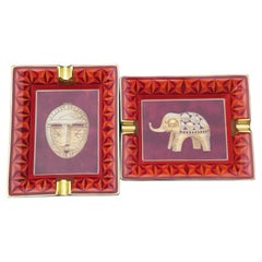 Hermès Set of Mask and Elephant Matching Ashtrays Porcelain Africa Theme