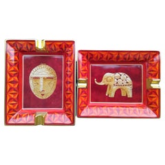 Hermès Set of Mask and Elephant Matching Ashtrays Porcelain Africa Theme