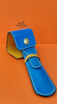 Hermès Set d'étui à crayons et de couverture pour notes autocollantes Cuir bleu jaune