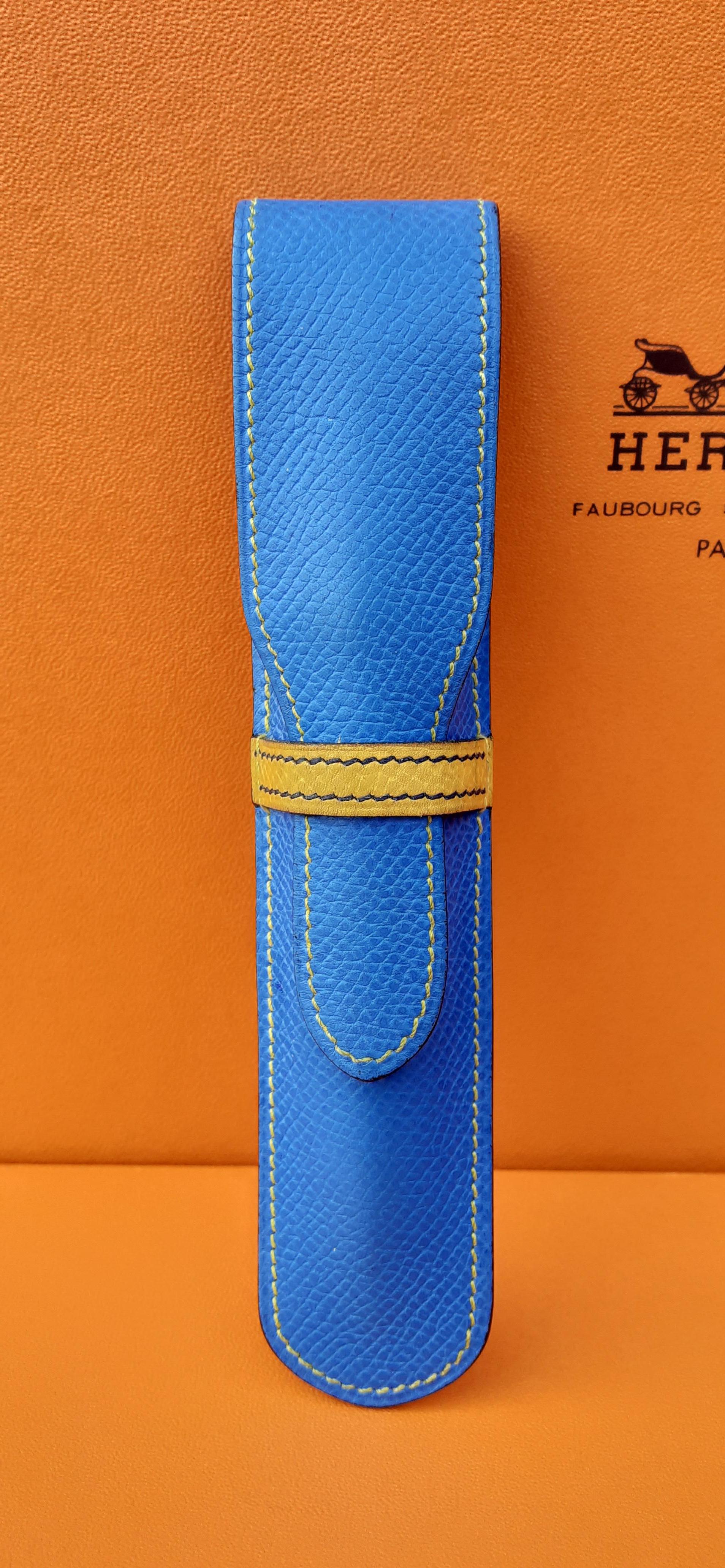 Hermès Set of Pencil Case and Sticky Notes Cover Blue Yellow Leather For Sale 2