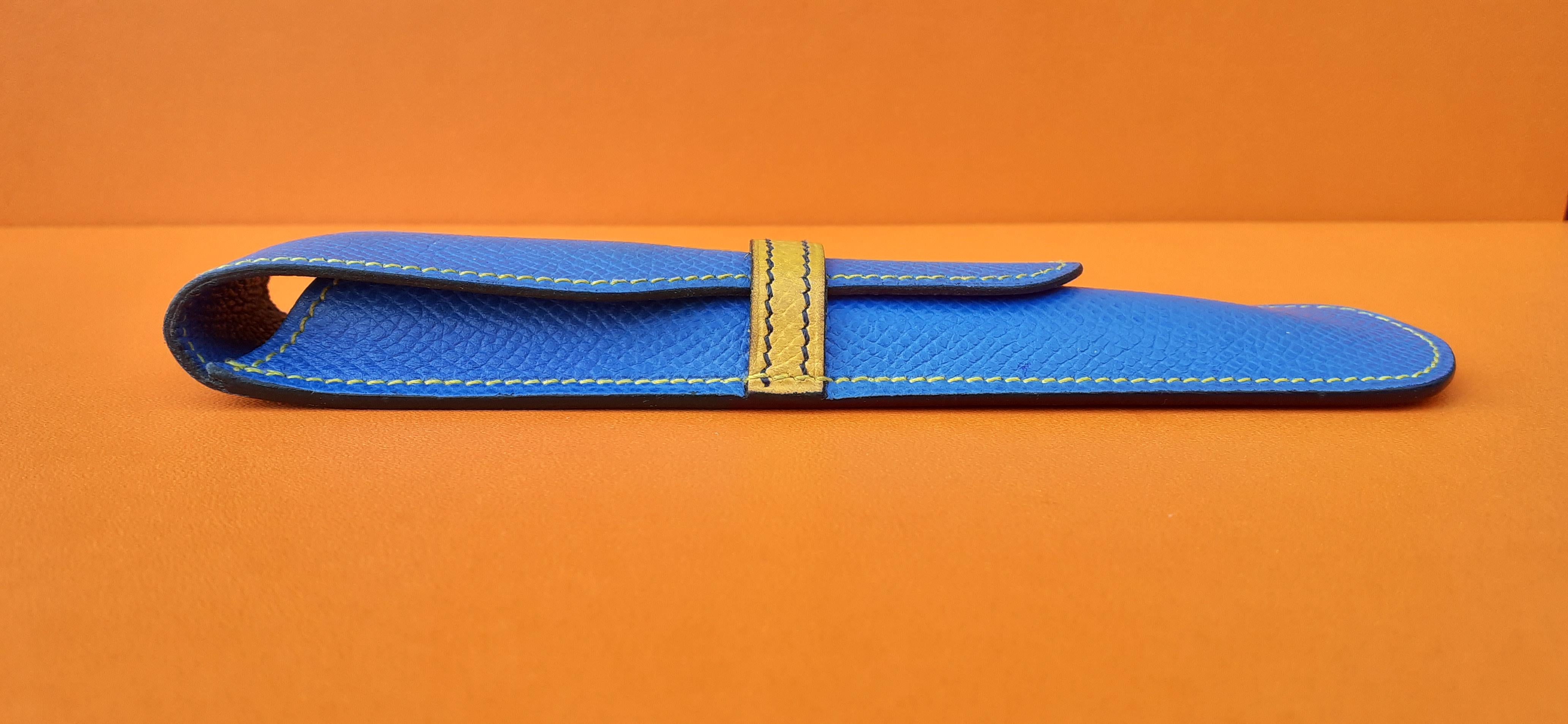 Hermès Set of Pencil Case and Sticky Notes Cover Blue Yellow Leather For Sale 3