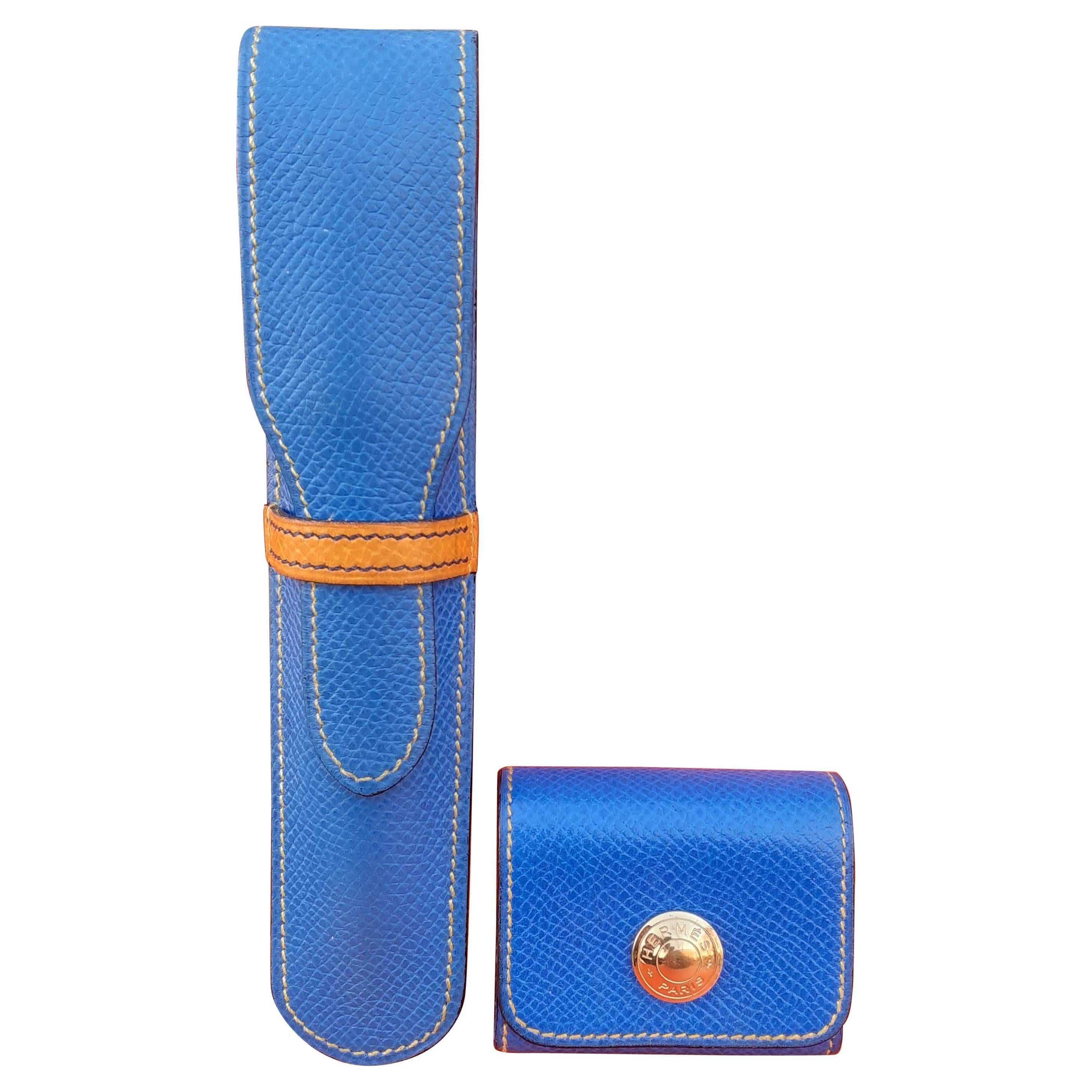 Hermès Set aus Federmäppchen und Haftnotizen Abdeckung Blau Gelb Leder