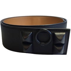 HERMES 'Shadow' Collier de Chien Belt in Ebony and Gold Leather Size 85EU