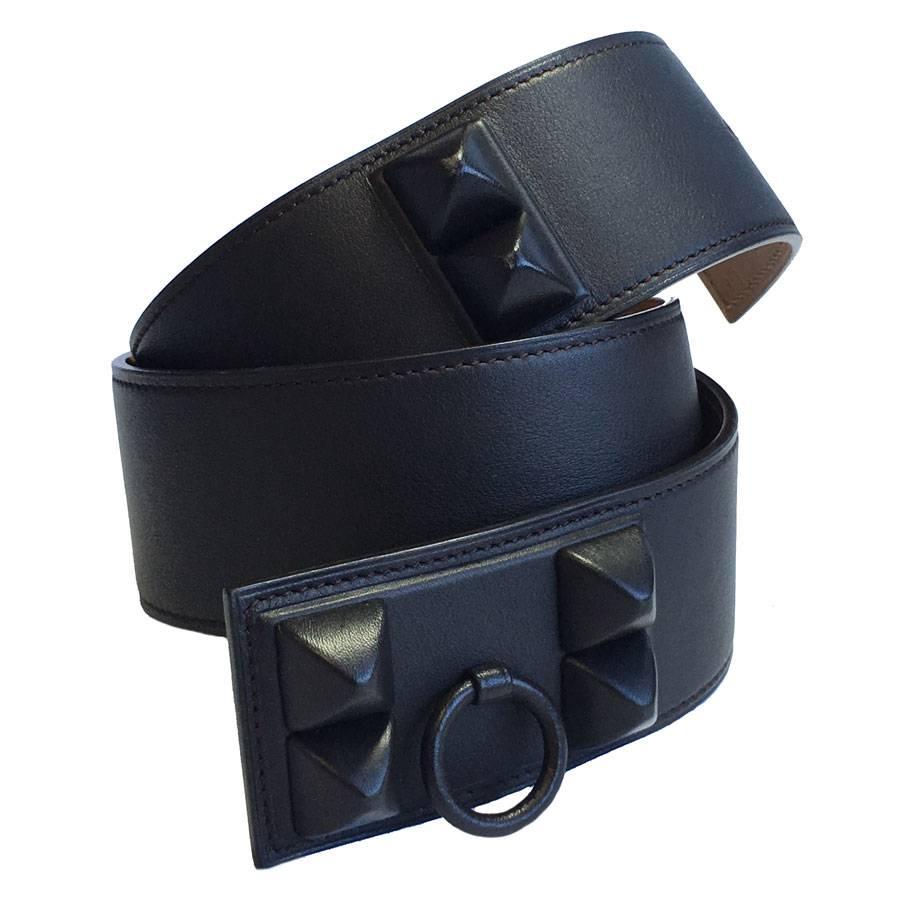 HERMES 'Shadow' Collier de Chien Belt in Ebony and Gold Leather Size 85EU