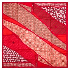 Hermès Shawl 140 "Carré en cravates" in red, white cashmere and silk