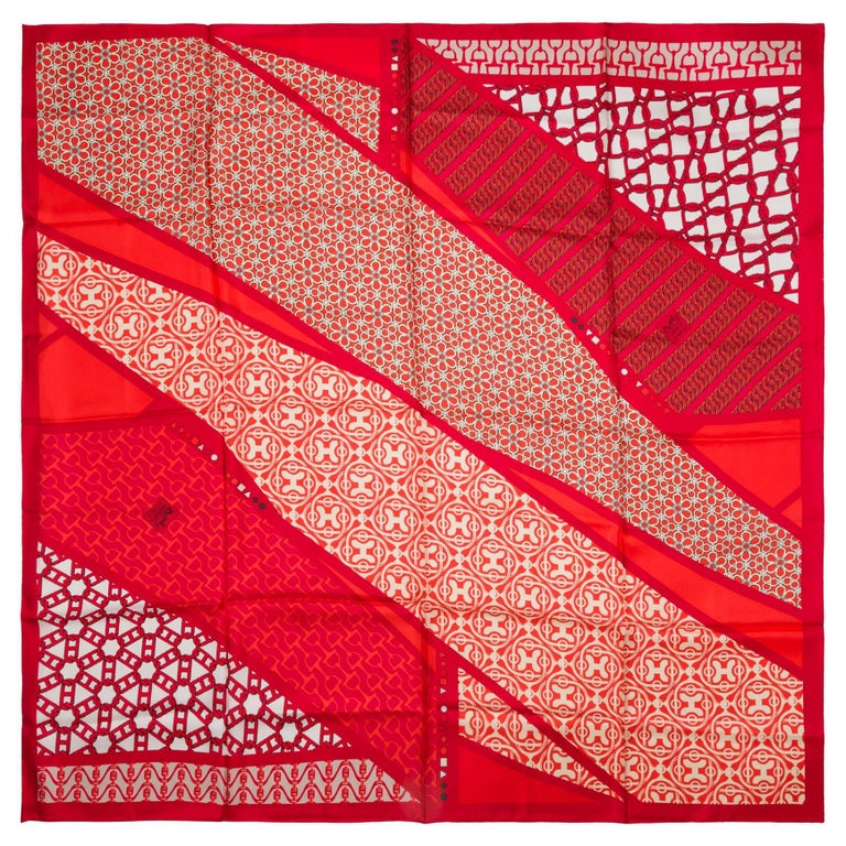 Hermès Shawl 140 "Carré en cravates" in red, white cashmere and silk For  Sale at 1stDibs