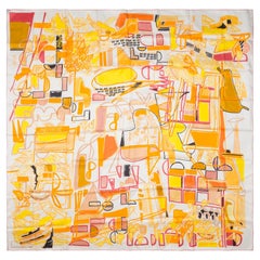 Hermès Shawl 140 "Tropical Modernism" in orange, yellow cashmere and silk