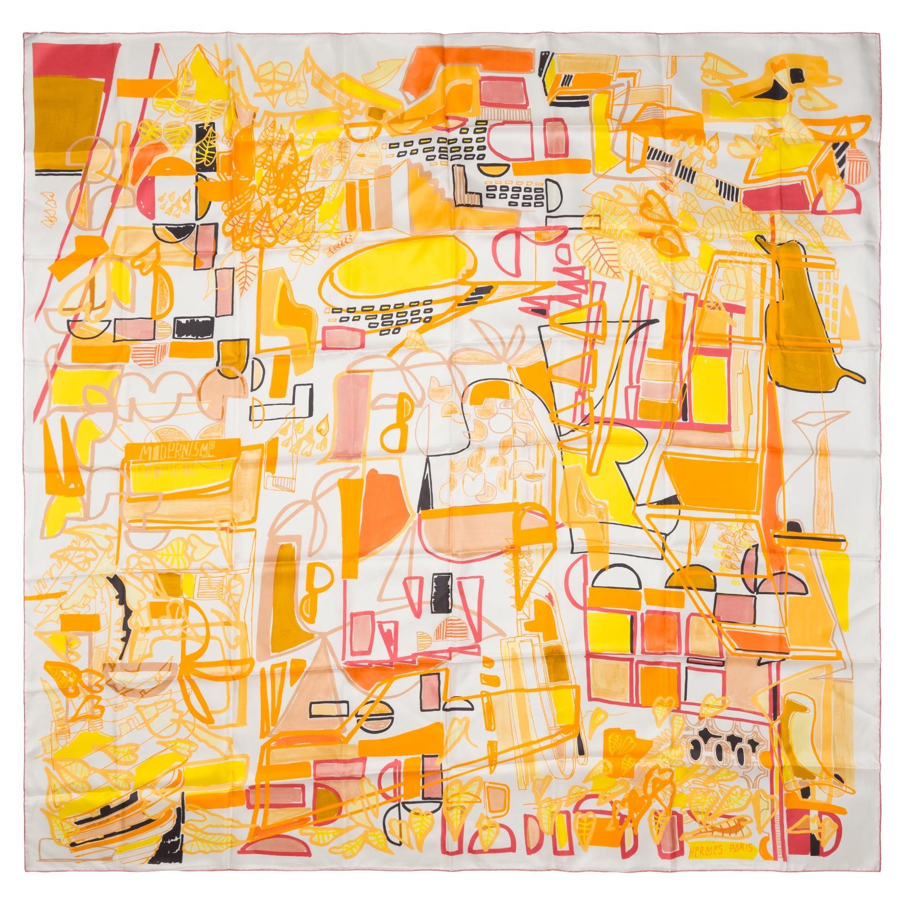 Hermès Shawl 140 "Tropical Modernism" in orange, yellow cashmere and silk For Sale