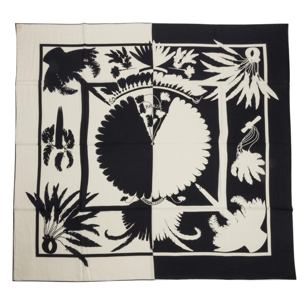 Women's Hermes Shawl Brazil Tattoo Cashmere Silk Bleu Noir and Blanc 140